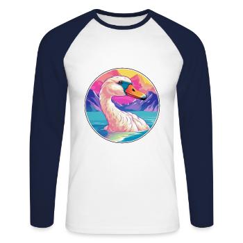 Cygne Aquarelle Dessin Animé Kawaii Animal De Compagnie Coloré - T-shirt baseball manches longues Homme - blanc/marine - Devant - Nik (191cm)