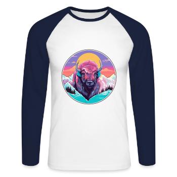 Bison Aquarelle Dessin Animé Kawaii Animal Animal Colorfu - T-shirt baseball manches longues Homme - blanc/marine - Devant - Nik (191cm)