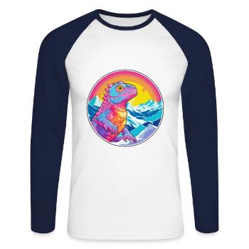 Caméléon aquarelle dessin animé Kawaii animal de compagnie Col - T-shirt baseball manches longues Homme - blanc/marine - Devant - Nik (191cm)