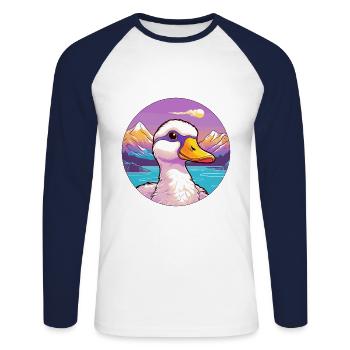 Canard Aquarelle Dessin Animé Kawaii Animal De Compagnie Coloré - T-shirt baseball manches longues Homme - blanc/marine - Devant - Nik (191cm)