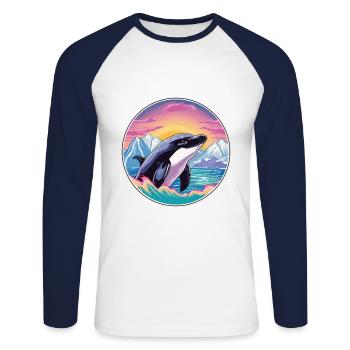 Orca Aquarell Karikatur Kawaii Haustier Tier Bunt - Unisex Baseballshirt langarm - Weiß/Navy - Vorne - Nik (191cm)
