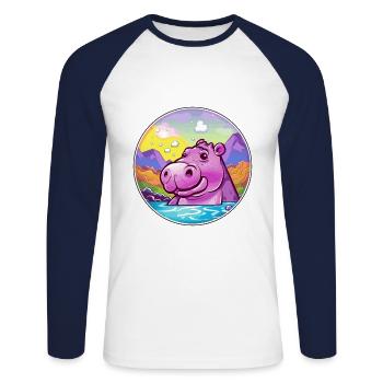 Hippopotame Aquarelle Dessin Animé Kawaii Animal Animal Colorfu - T-shirt baseball manches longues Homme - blanc/marine - Devant - Nik (191cm)