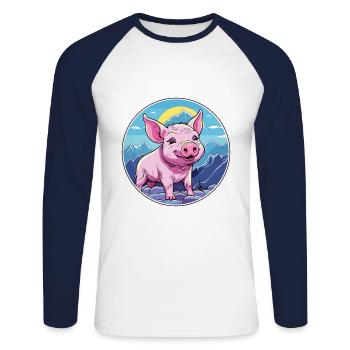 Cochon Aquarelle Dessin Animé Kawaii Animal De Compagnie Coloré - T-shirt baseball manches longues Homme - blanc/marine - Devant - Nik (191cm)