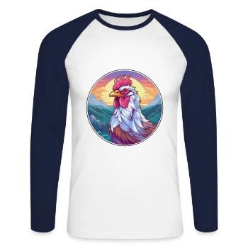 Hahn Aquarell Karikatur Kawaii Haustier Tier Farbe - Unisex Baseballshirt langarm - Weiß/Navy - Vorne - Nik (191cm)