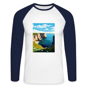 Bempton Cliffs Angleterre Vintage voyage affiche WPA - T-shirt baseball manches longues Homme - blanc/marine - Devant - Nik (191cm)