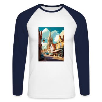 Burnham Market Angleterre Vintage voyage affiche WPA - T-shirt baseball manches longues Homme - blanc/marine - Devant - Nik (191cm)