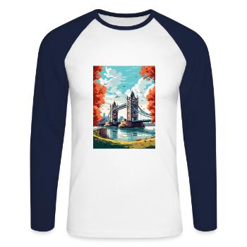 Tower Bridge England Vintage Reiseposter WPA Kunst - Unisex Baseballshirt langarm - Weiß/Navy - Vorne - Nik (191cm)