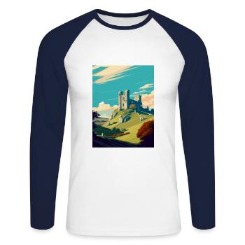 Corfe Castle Angleterre Vintage voyage affiche WPA Art - T-shirt baseball manches longues Homme - blanc/marine - Devant - Nik (191cm)