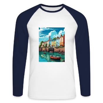 Tenby Seascape Wales Vintage Travel Poster WPA Art - Unisex Long Sleeve Baseball T-Shirt - white/navy - Front - Nik (191cm)