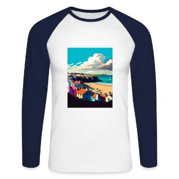 Tenby Seascape Wales Vintage Reise Poster WPA Kunst - Unisex Baseballshirt langarm - Weiß/Navy - Vorne - Nik (191cm)