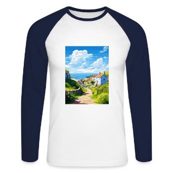 Porthoustock Cornouailles Vintage voyage affiche WPA - T-shirt baseball manches longues Homme - blanc/marine - Devant - Nik (191cm)
