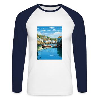 Polperro Cornwall Vintage voyage affiche Souvenir - T-shirt baseball manches longues Homme - blanc/marine - Devant - Nik (191cm)