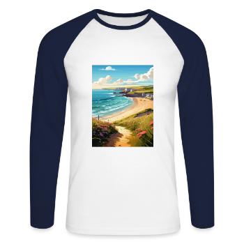 Daymer Bay Cornwall Vintage voyage affiche Souvenir - T-shirt baseball manches longues Homme - blanc/marine - Devant - Nik (191cm)