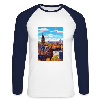 Manchester Angleterre Vintage voyage affiche Souvenir - T-shirt baseball manches longues Homme - blanc/marine - Devant - Nik (191cm)