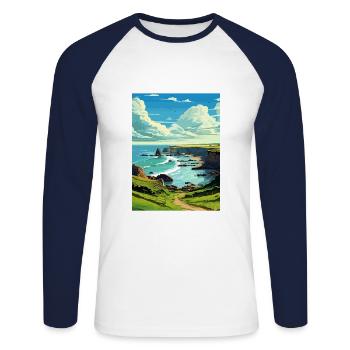 Hartland Quay Devon Vintage Travel Poster Souvenir - Unisex Long Sleeve Baseball T-Shirt - white/navy - Front - Nik (191cm)