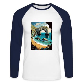 Durdle Door England Vintage Reiseposter Souvenir - Unisex Baseballshirt langarm - Weiß/Navy - Vorne - Nik (191cm)