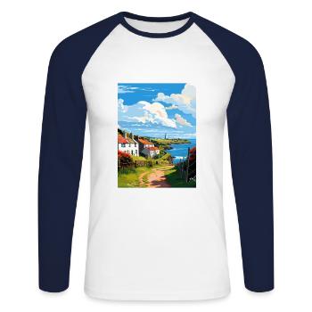 Ruan Minor Cornouailles Vintage voyage affiche Souvenir - T-shirt baseball manches longues Homme - blanc/marine - Devant - Nik (191cm)