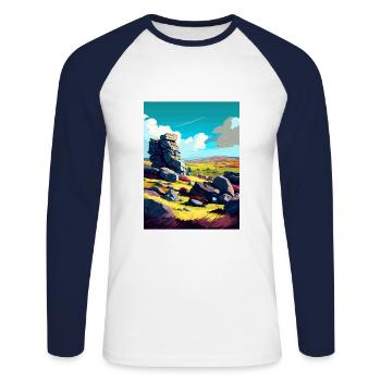 Bodmin Moor England Vintage Reiseposter Souvenir - Unisex Baseballshirt langarm - Weiß/Navy - Vorne - Nik (191cm)