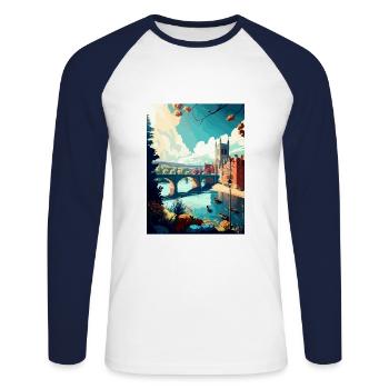 Exeter England Vintage Travel Poster WPA Souvenir - Unisex Long Sleeve Baseball T-Shirt - white/navy - Front - Nik (191cm)