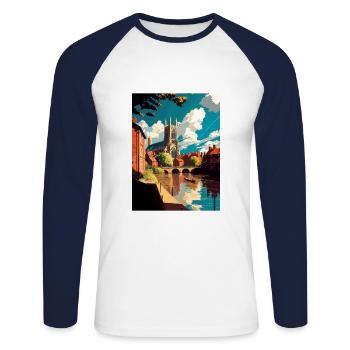 Norwich England Vintage Travel Poster WPA Souvenir - Unisex Long Sleeve Baseball T-Shirt - white/navy - Front - Nik (191cm)