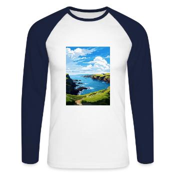 Mullion Cornwall Vintage voyage affiche Souvenir - T-shirt baseball manches longues Homme - blanc/marine - Devant - Nik (191cm)