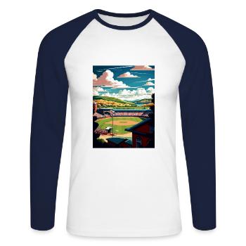 Cooperstown New York State Vintage Travel Poster - Unisex Long Sleeve Baseball T-Shirt - white/navy - Front - Nik (191cm)