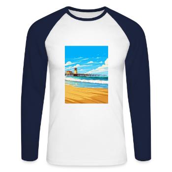 Huntington Beach Californie Vintage affiche de voyage - T-shirt baseball manches longues Homme - blanc/marine - Devant - Nik (191cm)