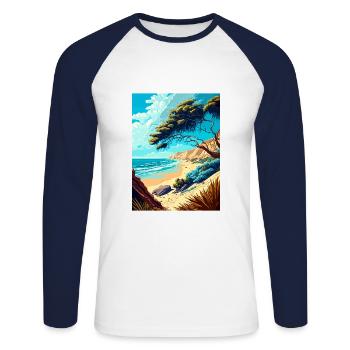 Carpinteria Bluffs California Travel Poster - Unisex Long Sleeve Baseball T-Shirt - white/navy - Front - Nik (191cm)