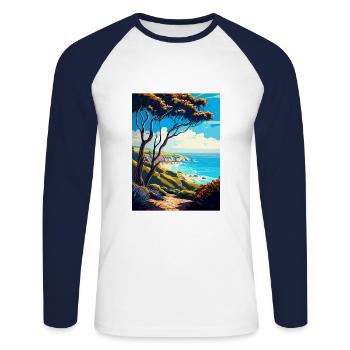Carpinteria Bluffs California Travel Poster - Unisex Long Sleeve Baseball T-Shirt - white/navy - Front - Nik (191cm)