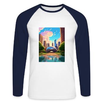 Chicago Illinois Millennium Park Travel Poster - Unisex Long Sleeve Baseball T-Shirt - white/navy - Front - Nik (191cm)
