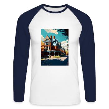 Saratoga Springs New York State Travel Poster - Unisex Long Sleeve Baseball T-Shirt - white/navy - Front - Nik (191cm)