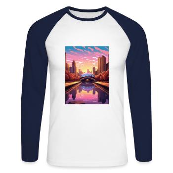 Chicago Illinois Millennium Park Travel Poster - Unisex Long Sleeve Baseball T-Shirt - white/navy - Front - Nik (191cm)
