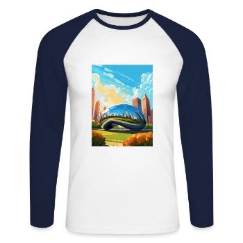 Chicago Illinois Millennium Park Travel Poster - Unisex Long Sleeve Baseball T-Shirt - white/navy - Front - Nik (191cm)