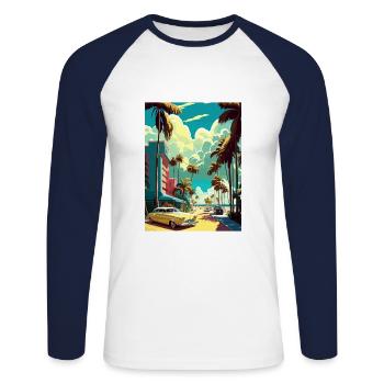 South Beach Floride Vintage voyage affiche Souvenir - T-shirt baseball manches longues Homme - blanc/marine - Devant - Nik (191cm)