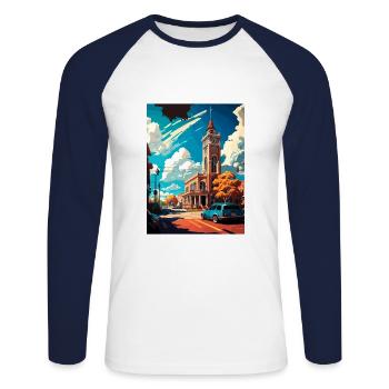 Stockton en Californie Vintage voyage affiche Souvenir - T-shirt baseball manches longues Homme - blanc/marine - Devant - Nik (191cm)