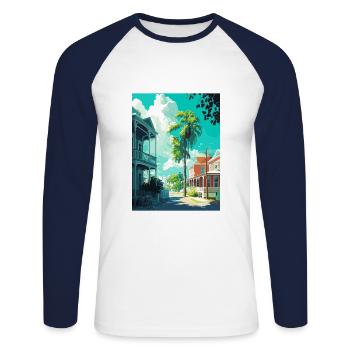 Key West Floride Vintage voyage affiche Souvenir - T-shirt baseball manches longues Homme - blanc/marine - Devant - Nik (191cm)