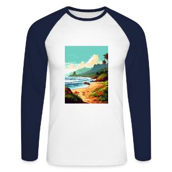 Ke E Beach Hawaï Vintage voyage affiche Souvenir - T-shirt baseball manches longues Homme - blanc/marine - Devant - Nik (191cm)