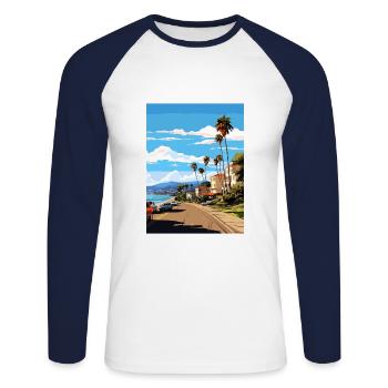Ventura Californie Vintage voyage affiche Souvenir - T-shirt baseball manches longues Homme - blanc/marine - Devant - Nik (191cm)