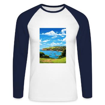 Waiheke Island Neuseeland Vintage Reiseposter - Unisex Baseballshirt langarm - Weiß/Navy - Vorne - Nik (191cm)