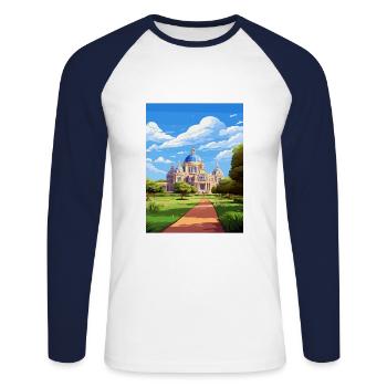 Royal Exhibition Building Vintage Travel Poster - Unisex Long Sleeve Baseball T-Shirt - white/navy - Front - Nik (191cm)