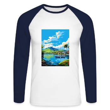 Hamilton Island Australia Deco Travel Poster - Unisex Long Sleeve Baseball T-Shirt - white/navy - Front - Nik (191cm)