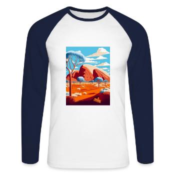 Uluṟu Kata Tjuṯa National Park Travel Poster - Unisex Long Sleeve Baseball T-Shirt - white/navy - Front - Nik (191cm)