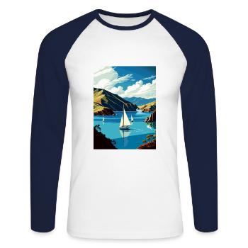 Marlborough Sounds Neuseeland Reiseposter - Unisex Baseballshirt langarm - Weiß/Navy - Vorne - Nik (191cm)