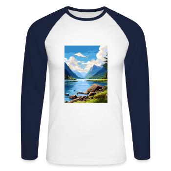 Fiordland Nationalpark Neuseeland Reiseposter - Unisex Baseballshirt langarm - Weiß/Navy - Vorne - Nik (191cm)
