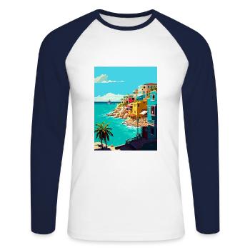 Isla Mujeres Dekoration Vintage Reiseposter WPA - Unisex Baseballshirt langarm - Weiß/Navy - Vorne - Nik (191cm)