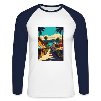 Sayulita Dekoration Mexiko Vintage Reise Poster - Unisex Baseballshirt langarm - Weiß/Navy - Vorne - Nik (191cm)