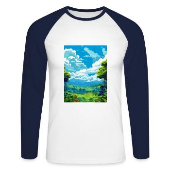 Amazone Rainforest Vintage voyage affiche Souvenir - T-shirt baseball manches longues Homme - blanc/marine - Devant - Nik (191cm)