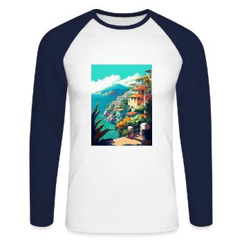Acapulco Dekoration Vintage Reiseposter Souvenir - Unisex Baseballshirt langarm - Weiß/Navy - Vorne - Nik (191cm)