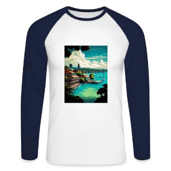 Ocho Rios Caribbean Vintage Travel Poster Souvenir - Unisex Long Sleeve Baseball T-Shirt - white/navy - Front - Nik (191cm)