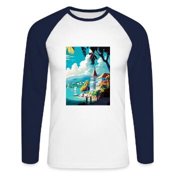 Montego Bay Caribbean Vintage Travel Poster WPA - Unisex Long Sleeve Baseball T-Shirt - white/navy - Front - Nik (191cm)